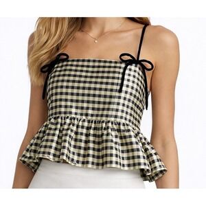 Ganni Shiny Gingham Peplum Cami Top 36 Small Coquette Festival Crop Romantic NEW